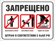 Табличка «Запрещено мусорить, выгуливать собак, ходить по газону»